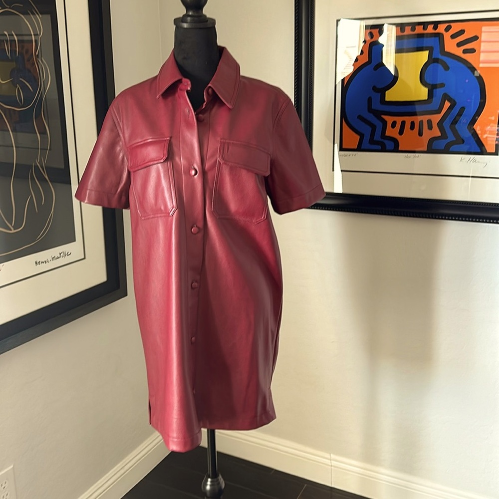 Avec Les Filles Burgundy Vegan Leather Botton Up Mini Dress Size Medium